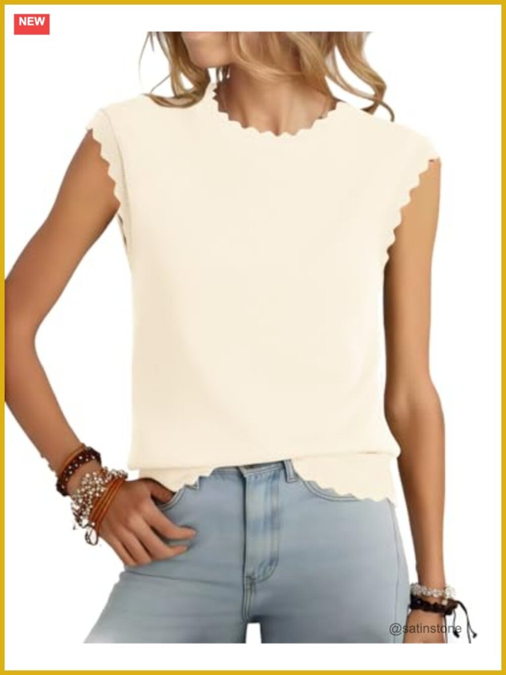 Sleeveless Knit Sweater Vest Scallop Crew Neck Business Casual Layering